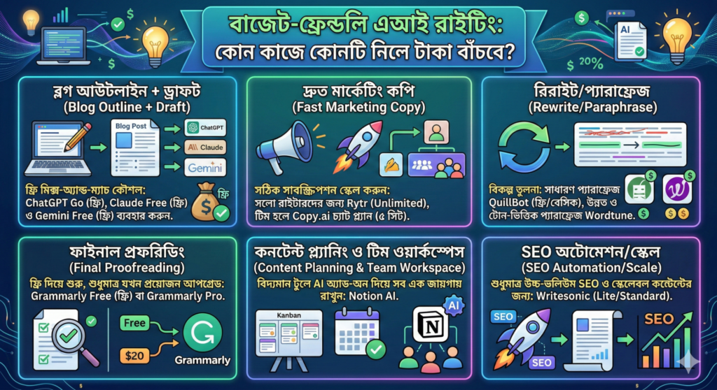 ২০২৬-এর সেরা ১০ বাজেট-ফ্রেন্ডলি এআই রাইটিং টুল (ফ্রি ও কম দামের প্ল্যানসহ)