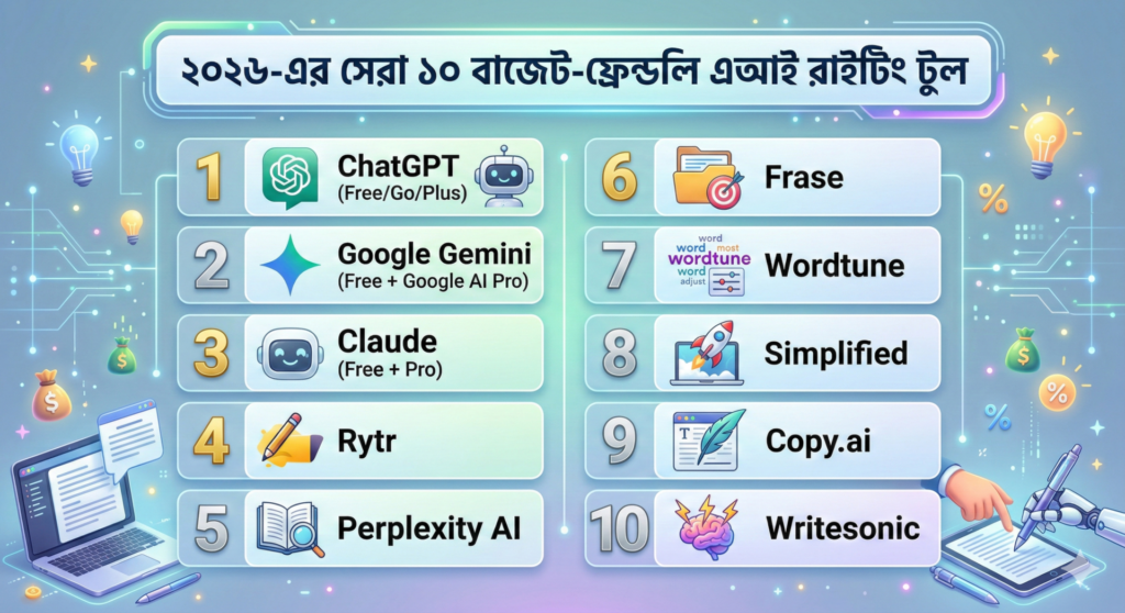 ২০২৬-এর সেরা ১০ বাজেট-ফ্রেন্ডলি এআই রাইটিং টুল (ফ্রি ও কম দামের প্ল্যানসহ)