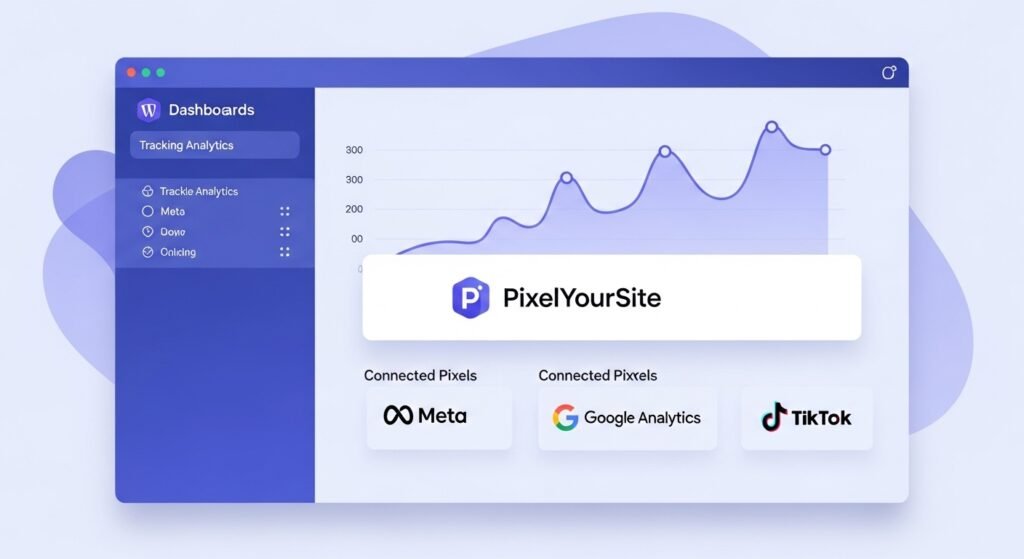 “PixelYourSite plugin illustration showing connected tracking pixels and improved website analytics.”