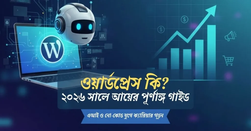 ওয়ার্ডপ্রেস কি, ২০২৬ সালে ওয়ার্ডপ্রেস শিখে আয়ের পূর্ণাঙ্গ গাইড, AI এবং লো-কোড ব্যবহার করে ওয়েবসাইটে ক্যারিয়ার গড়ার সুযোগ, ল্যাপটপ, AI রোবট, গ্রোথ গ্রাফিক্স,২০২৬ সালে কোডিং ছাড়া ওয়ার্ডপ্রেস শিখে আয়ের পূর্ণাঙ্গ গাইড, ওয়ার্ডপ্রেস কি