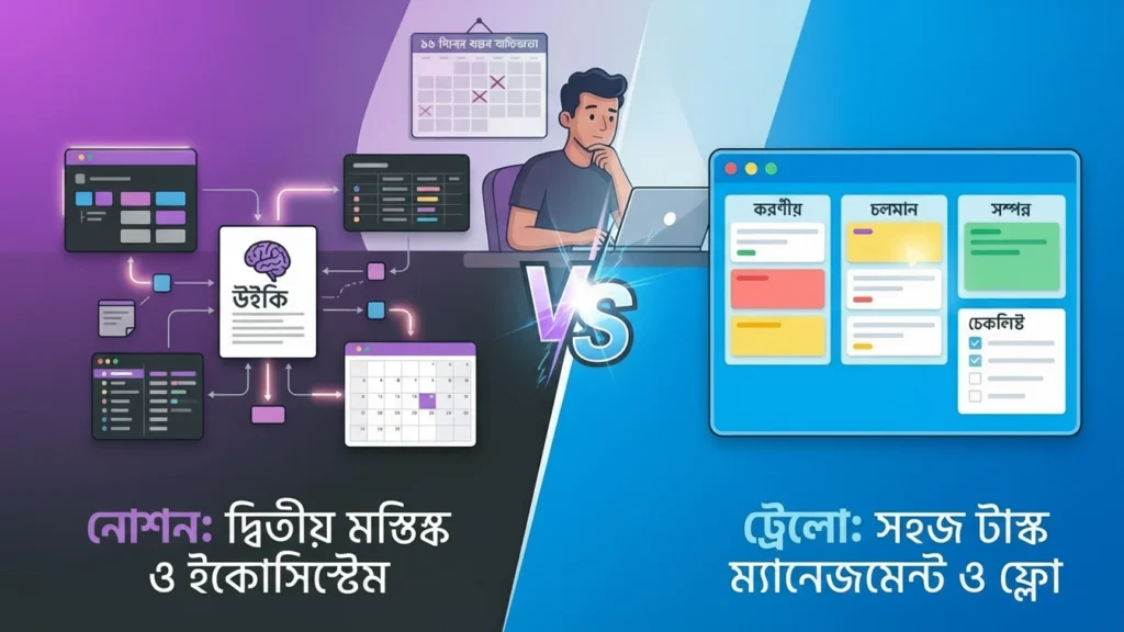 প্রোজেক্ট ম্যানেজমেন্ট টুল, সলোপ্রেনর প্রোডাক্টিভিটি, নোশন বনাম ট্রেলো, ক্যানবান বোর্ড, ডাটাবেস ম্যানেজমেন্ট, ২০২৬ সেরা প্রোজেক্ট ম্যানেজমেন্ট সফটওয়্যার। Notion vs Trello for Solopreneurs Bangla Notion বা Trello সলোপ্রেনরদের জন্য ২০২৬ সালে সেরা প্রোজেক্ট ম্যানেজমেন্ট কোনটি