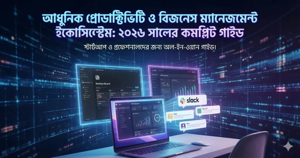 বিজনেস ম্যানেজমেন্ট ইকোসিস্টেম ২০২৬, সেরা প্রোডাক্টিভিটি টুলস ২০২৬,স্টার্টআপ বিজনেস সেটআপ গাইড,Notion vs Trello তুলনা,বিজনেস অটোমেশন টিপস (Zapier & Make),বাংলাদেশি স্টার্টআপের জন্য সিআরএম (CRM),ডিজিটাল ওয়ার্কস্পেস সেটআপ